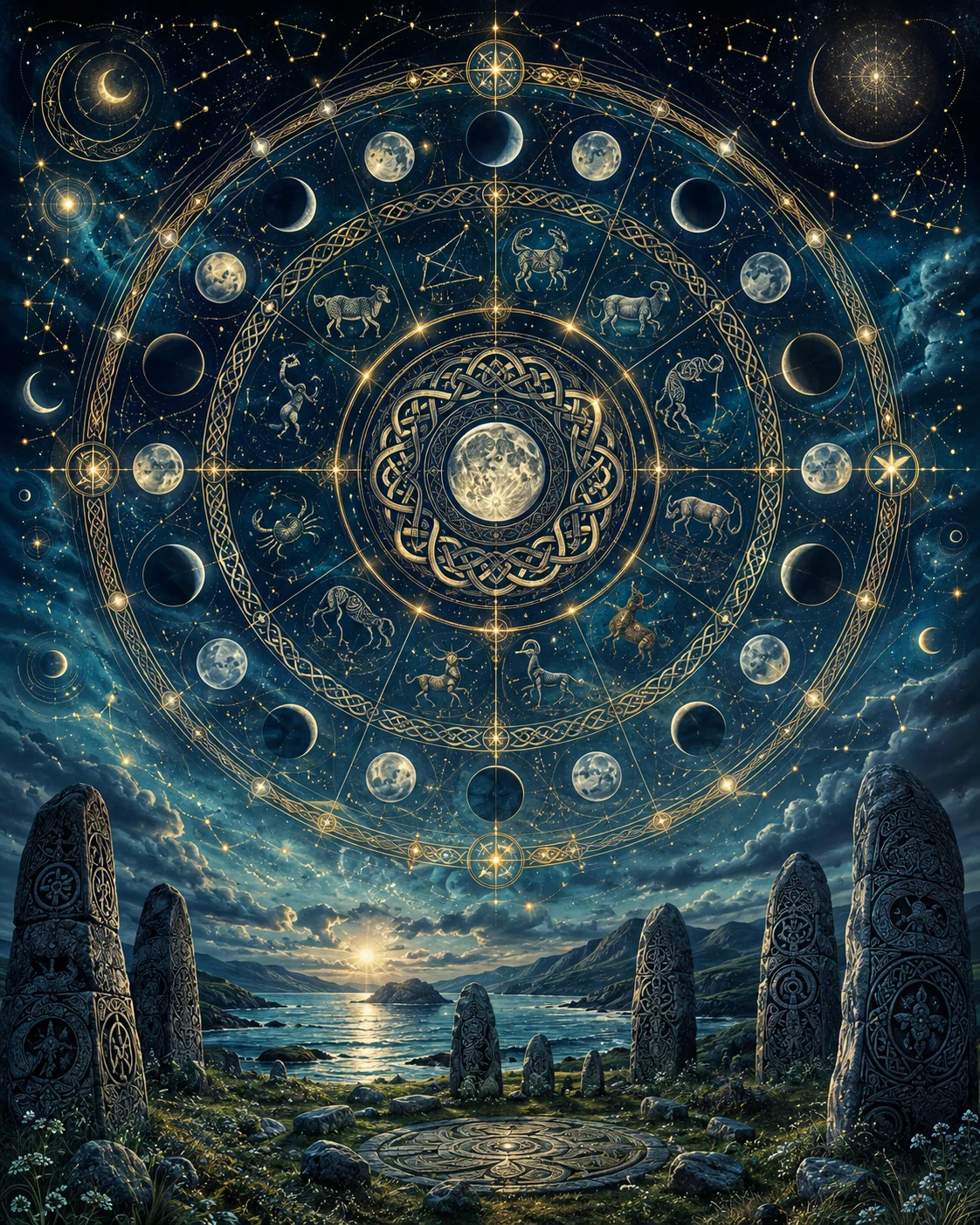 Celtic zodiac and moon wheel