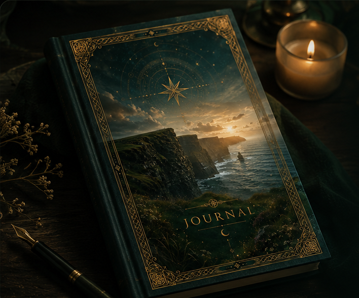 A candlelit green-and-gold journal resting on a dark desk